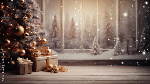 Beautiful festive Christmas background with christmas tree and gifts, decorative backdrop with copy space photo