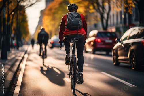 Cyclists commuting on dedicated bike lanes, illustrating sustainable urban transportation. Generative Ai.