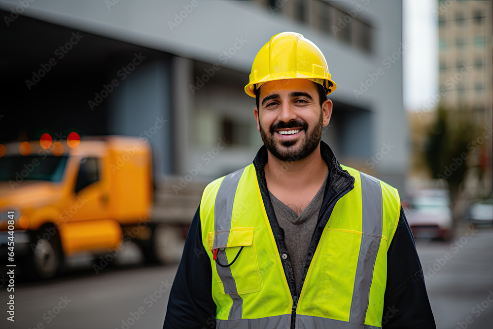 A Caucasian construction worker wearing uniform, in the city A Caucasian construction worker wearing uniform, in the city