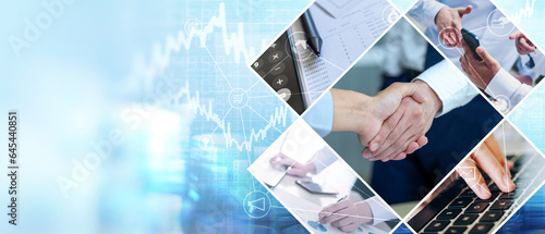 Financial background of businessman handshake in global networking, HR recruitment and outsourcing technology