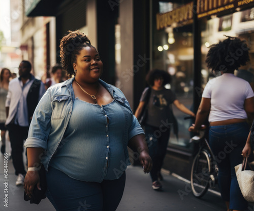 A confident, larger woman walks through the city, radiating happiness and embracing her vibrant urban life. Ideal for themes of body positivity, confidence, and urban lifestyle.