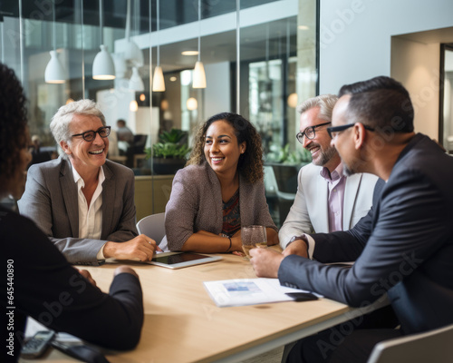 A diverse group of Black, White, Hispanic, and mixed individuals collaborate in a business meeting. Ideal for themes of workplace diversity, teamwork, and professional success. photo
