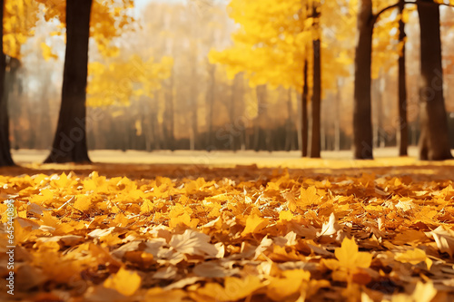 Autumn landscape with golden trees in the park on a sunny day. An atmosphere of calm. Beautiful autumn blurred background. Yellow leaves on the ground, a carpet of fallen leaves. Copy space.