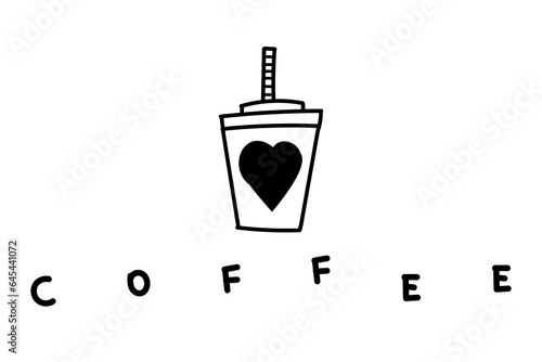 Stylish coffee cup with heart on it and straw in it. Writing coffee. Black and white colors. Card, logo, banner. Vector illustration.