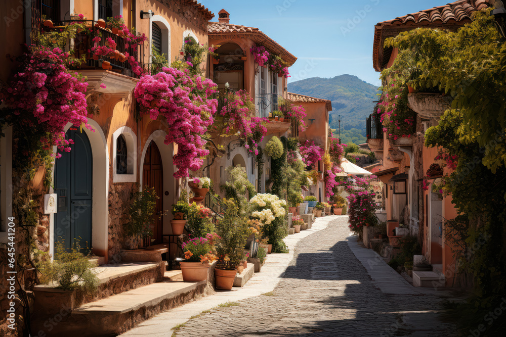 A quaint European street lined with charming houses and colorful flower boxes. Generative AI.