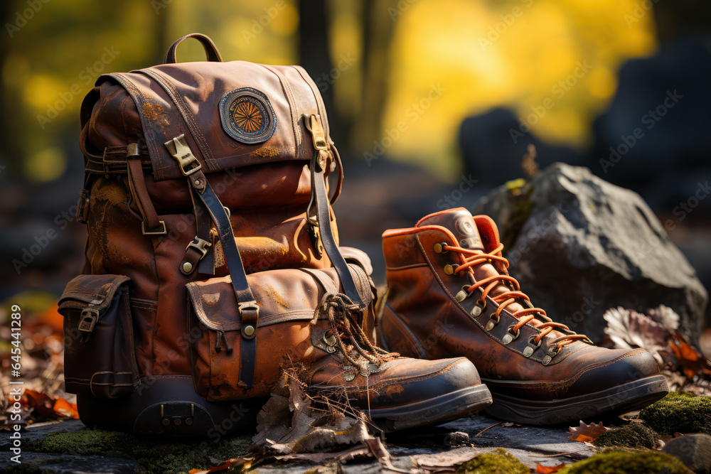 A pair of old, worn-out hiking boots sitting next to a backpack, ready for an adventure. Generative AI. A pair of old, worn-out hiking boots sitting next to a backpack, ready for an adventure. Generative AI.