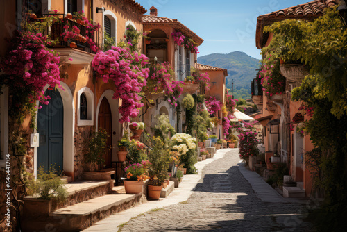 A quaint European street lined with charming houses and colorful flower boxes. Generative AI.