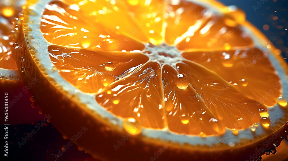 Orange slice with visible Water Drops. Close up Orange slice with visible Water Drops. Close up