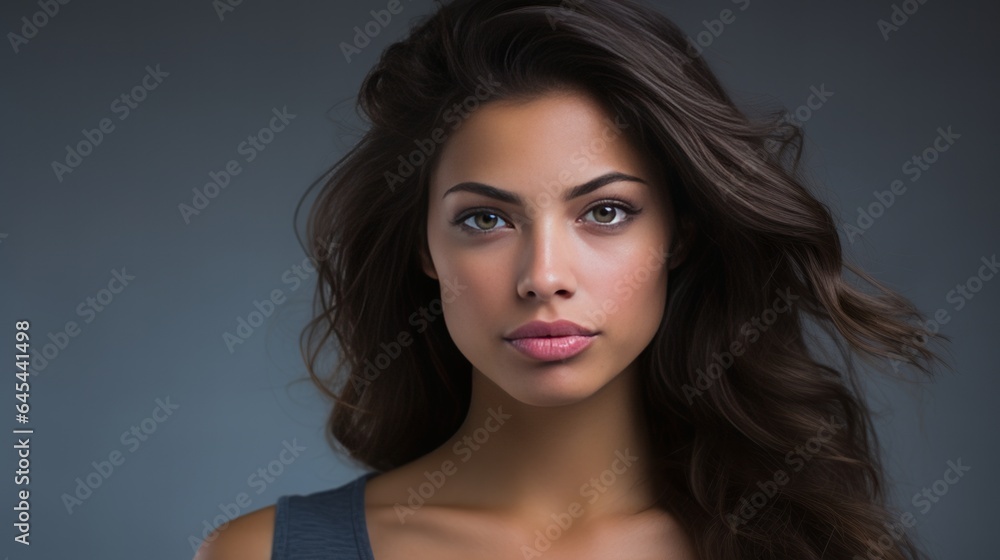 Beauty portrait of a young brunette caucasian woman in a studio with a gray background, 16:9, copy space Beauty portrait of a young brunette caucasian woman in a studio with a gray background, 16:9, copy space