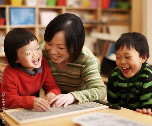 A mom joyfully engages with her child who has autism, navigating learning and play through challenges. Ideal for themes of family bonding, special needs parenting, and inclusive education.