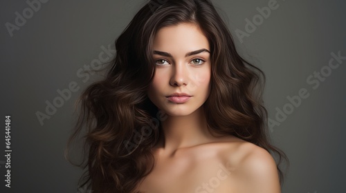 Beauty portrait of a young brunette caucasian woman in a studio with a gray background, 16:9, copy space