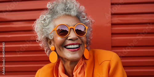 a beautiful old woman laughing on a plain red background, fashion