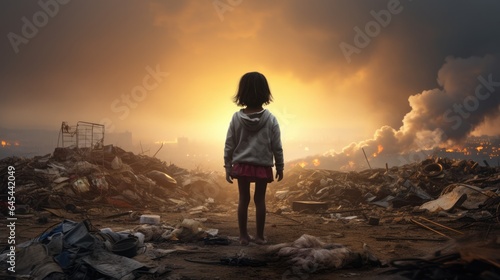 Baby girl standing alone on garbage dump