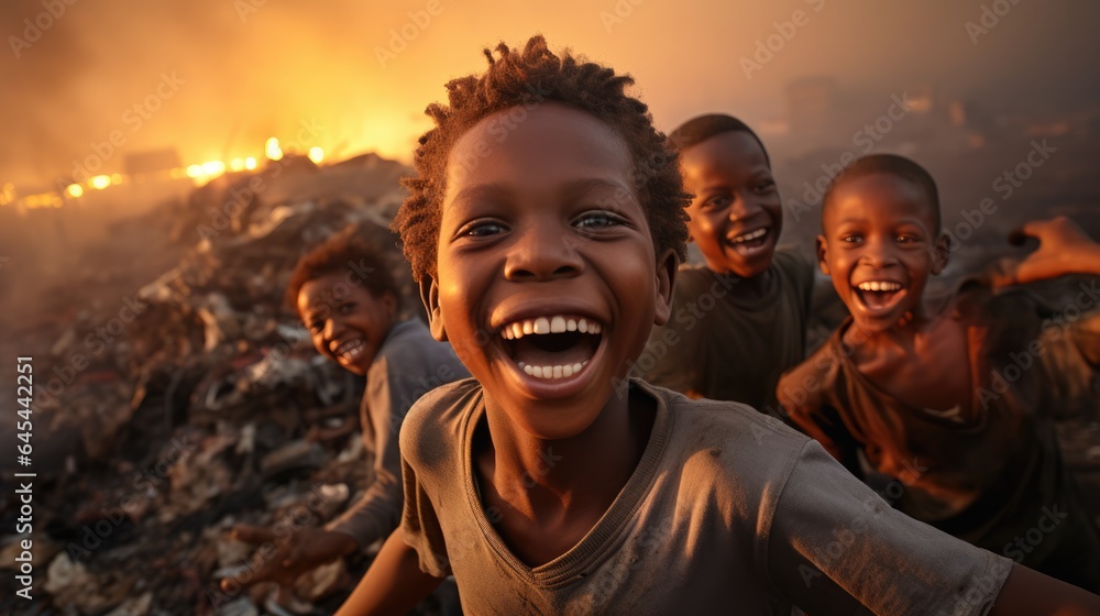 African boy with friends smiling on garbage dump - obrazy, fototapety, plakaty 