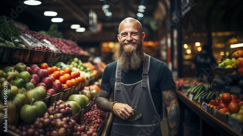 fruit shop worker looking at camera smiling