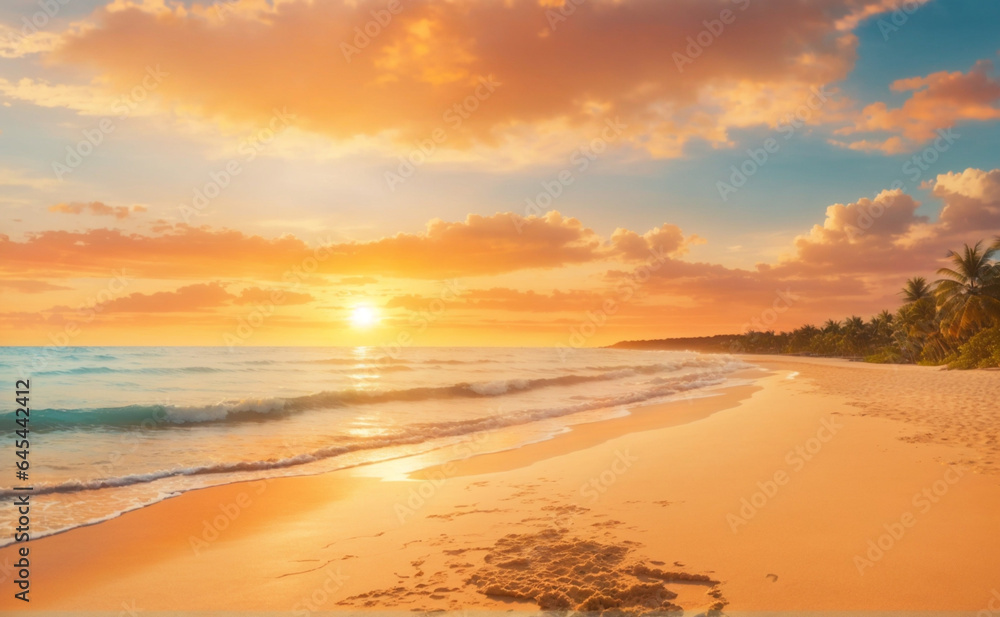Closeup sea sand beach. Inspire tropical beach seascape horizon. Vacation travel holiday banner. Panoramic beach landscape. 
