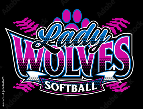 Lady wolves softball team design with paw print and ball for school, college or league sports