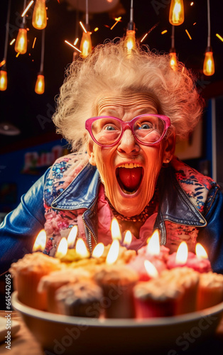 Smiling and happy elderly woman celebrates his birthday with cake with candles on it
