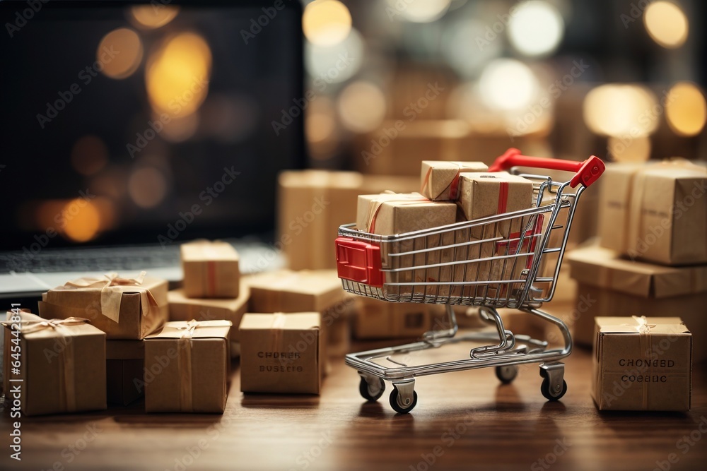 Miniature shopping cart with boxes, e-commerce concept, dropshipping, digital business