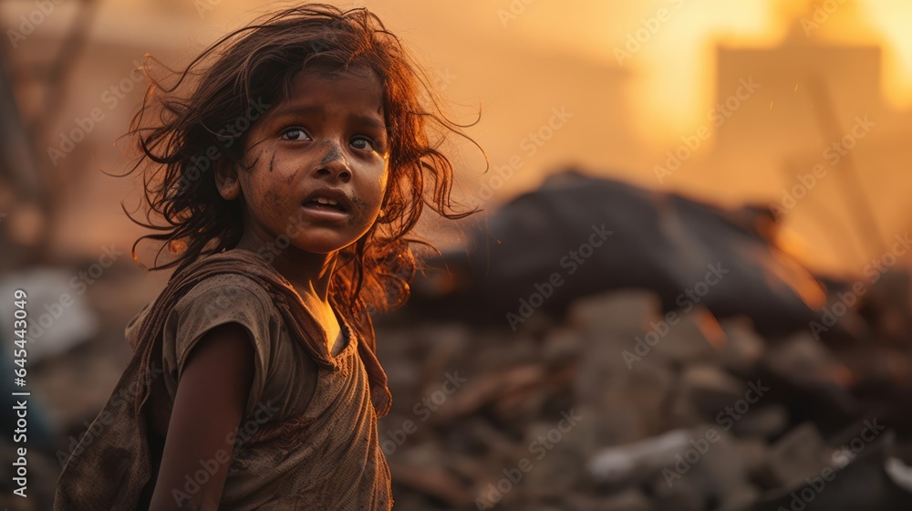 Portrait of indian baby girl crying tear on garbage dump - obrazy, fototapety, plakaty 