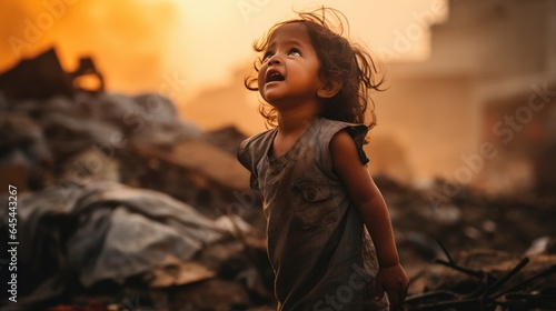 Portrait of indian baby girl crying tear on garbage dump photo