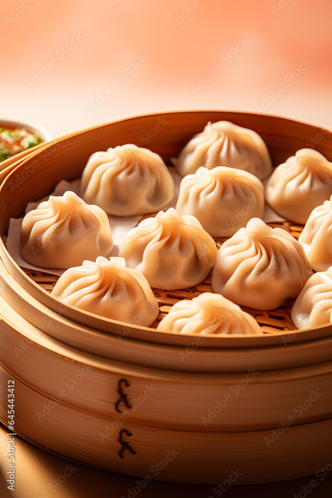 A close-up shot of a bamboo steamer filled with freshly steamed dumplings on a vibrant gradient background A close-up shot of a bamboo steamer filled with freshly steamed dumplings on a vibrant gradient background