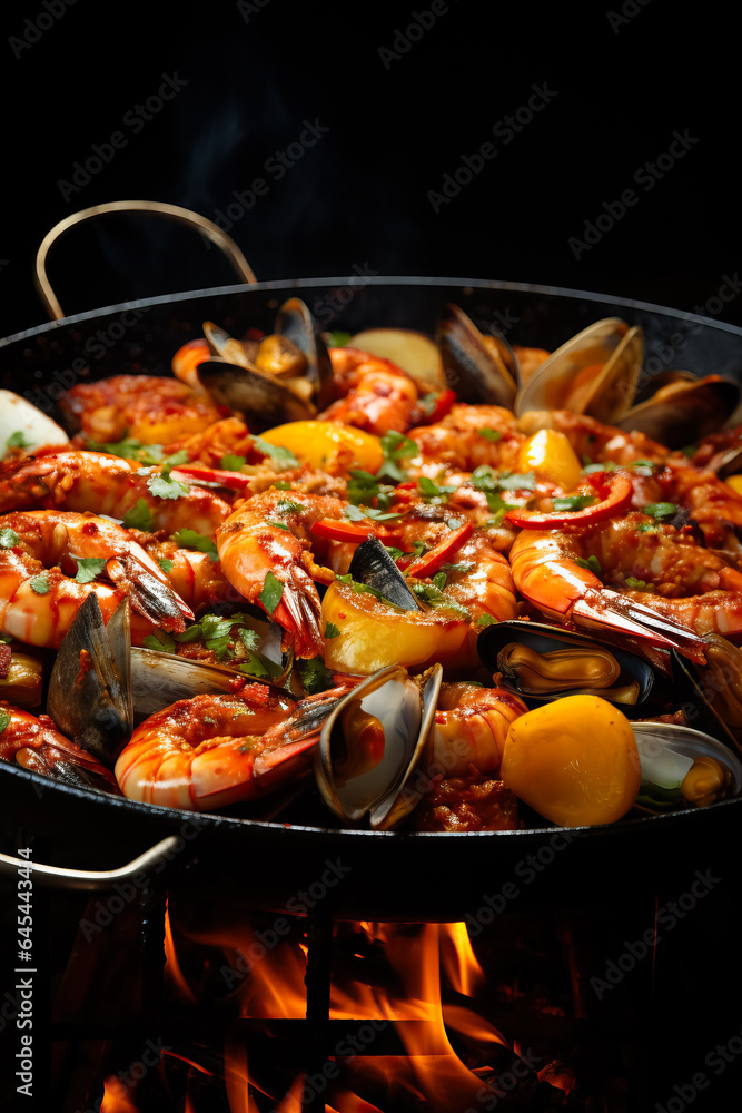 A close-up shot of a sizzling hot pan filled with freshly cooked seafood background with empty space for text A close-up shot of a sizzling hot pan filled with freshly cooked seafood background with empty space for text