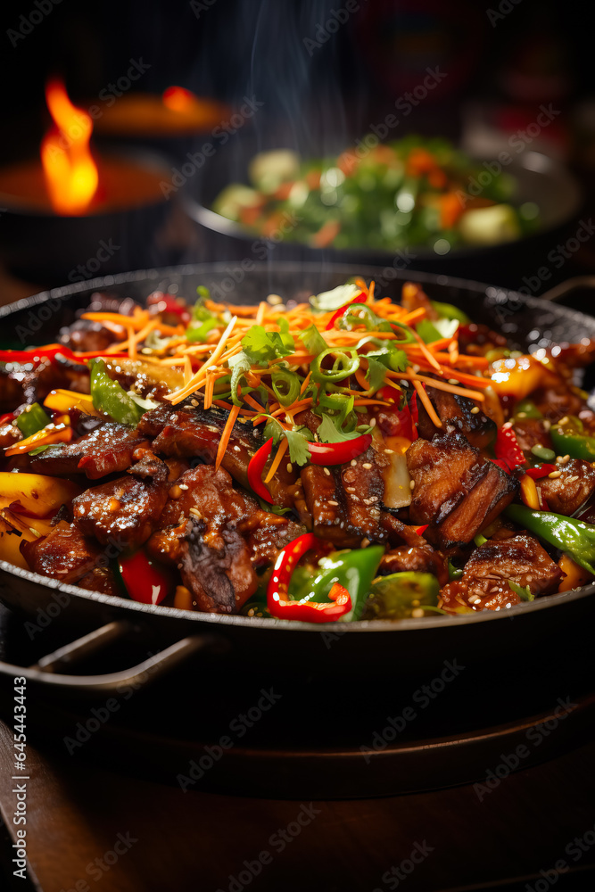 A close-up shot of a sizzling wok laden with vibrant ingredients showcasing the artistry of Asian street food steaming techniques A close-up shot of a sizzling wok laden with vibrant ingredients showcasing the artistry of Asian street food steaming techniques