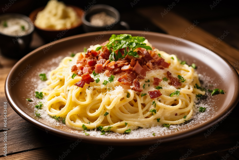 A close-up view of a steamy plate of creamy carbonara topped with crispy bacon on a rustic wooden table A close-up view of a steamy plate of creamy carbonara topped with crispy bacon on a rustic wooden table