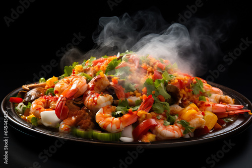 A close-up shot of a sizzling platter of steaming seafood bursting with vibrant colors and flavors on a gradient background 