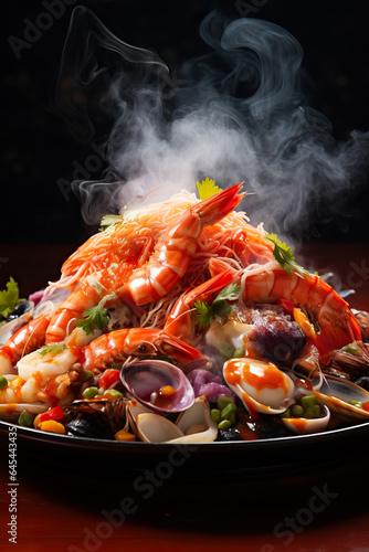 A close-up shot of a sizzling platter of steaming seafood bursting with vibrant colors and flavors on a gradient background 