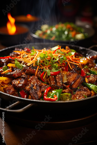 A close-up shot of a sizzling wok laden with vibrant ingredients showcasing the artistry of Asian street food steaming techniques 