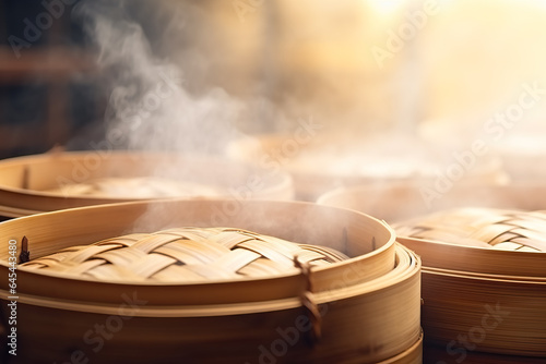 A close-up shot of bamboo steamers stacked on a traditional dim sum steaming basket background with empty space for text 