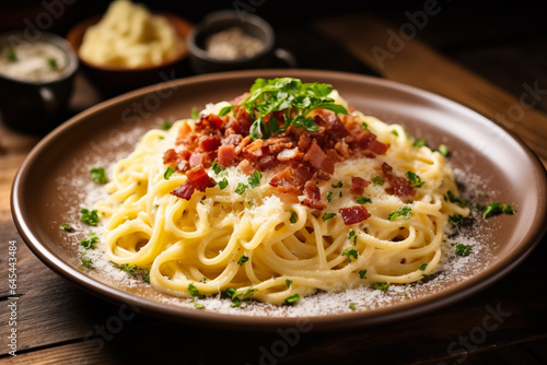 A close-up view of a steamy plate of creamy carbonara topped with crispy bacon on a rustic wooden table 