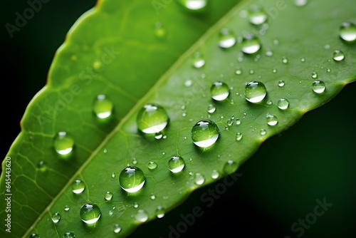 Drops of rain water on a green leaf.