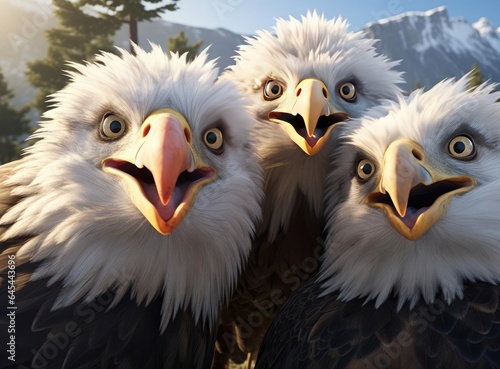 A group of eagles looking at the camera