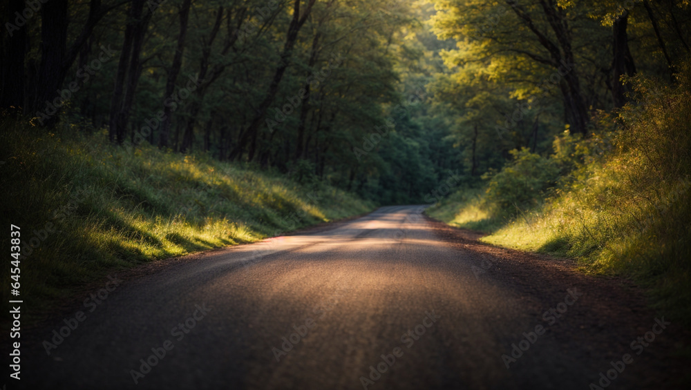 Fototapeta premium Road in dark forest, sunlight, lush greenery and grass