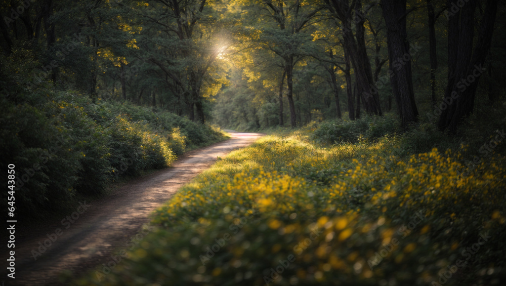 Road in dark forest, sunlight, lush greenery and grass Road in dark forest, sunlight, lush greenery and grass