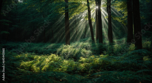 Beautiful rays of sunlight in a green forest © @uniturehd