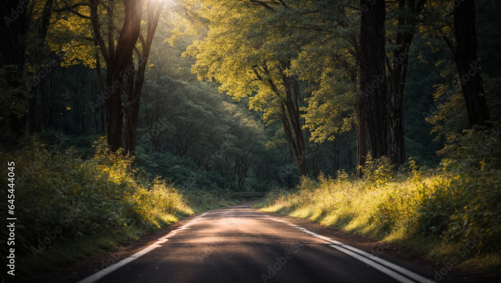 Road in dark forest, sunlight, lush greenery and grass Road in dark forest, sunlight, lush greenery and grass