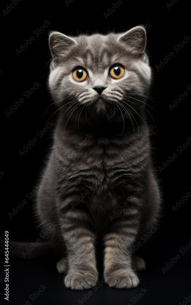 Full body front view studio portrait beautiful gray british cat sitting and looking in camera isolated on black background
