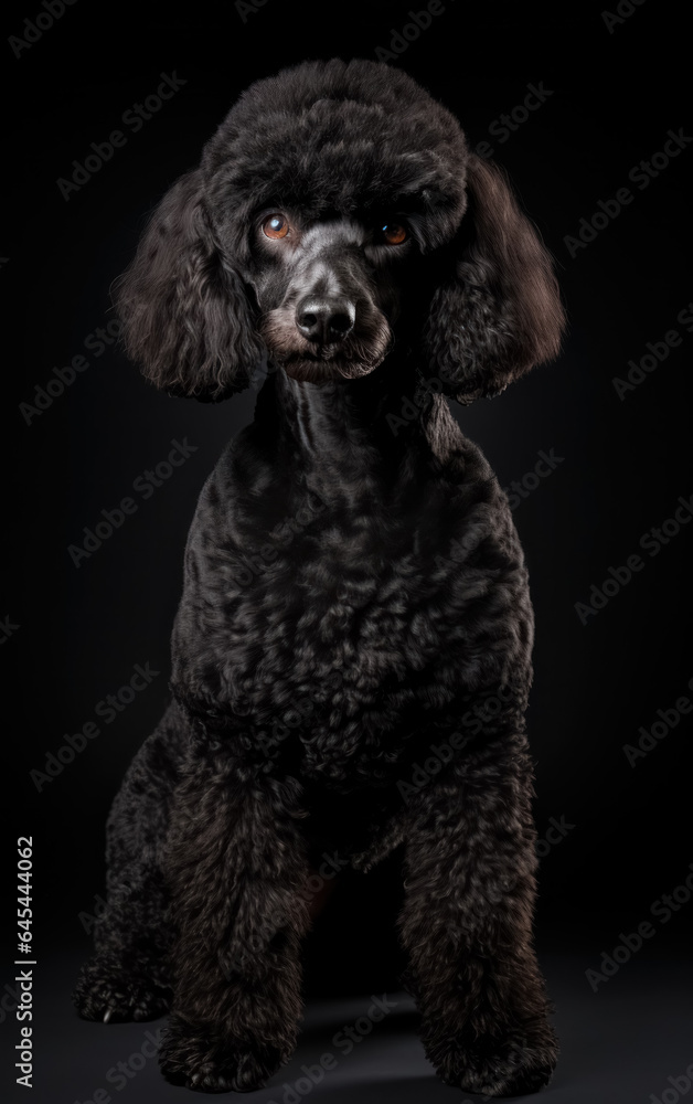 Full body front view studio portrait cute curly poodle sitting and looking in camera isolated on black background