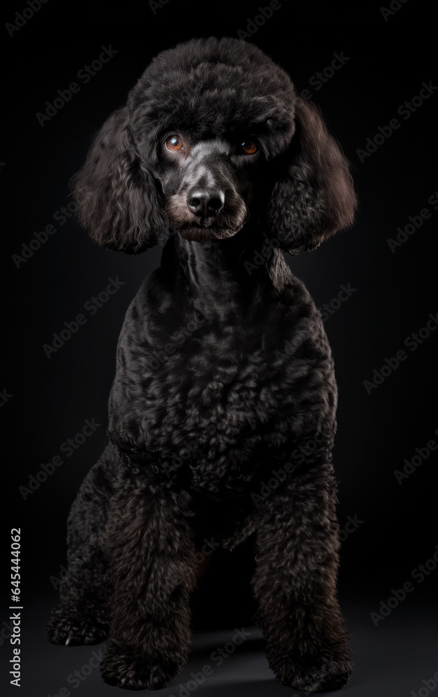 Full body front view studio portrait cute curly poodle sitting and looking in camera isolated on black background Full body front view studio portrait cute curly poodle sitting and looking in camera isolated on black background