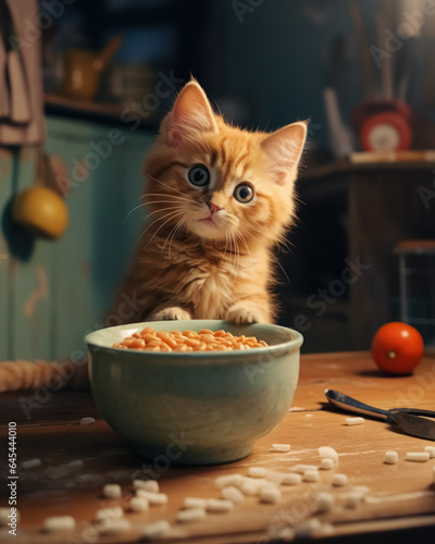 Cute red fluffy kitten in the kitchen next to bowl of cereal looking in camera surrounded by clutter