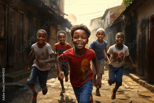 Group of happy black children laugh and run down the street in slum, fun carefree childhood