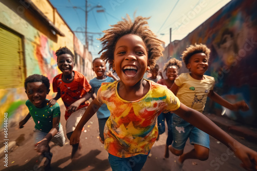 Group of happy black children laugh and run down the street in slum, fun carefree childhood photo