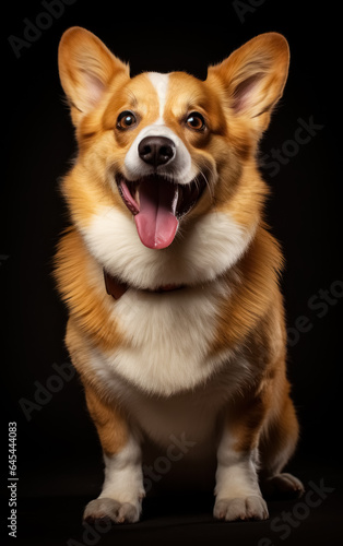 Full body front view studio portrait cute corgi sitting and looking in camera isolated on black background