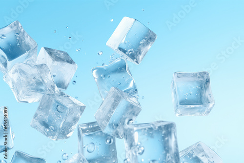 Transparent ice cubes for drinks take off with splashes of water against the blue sky