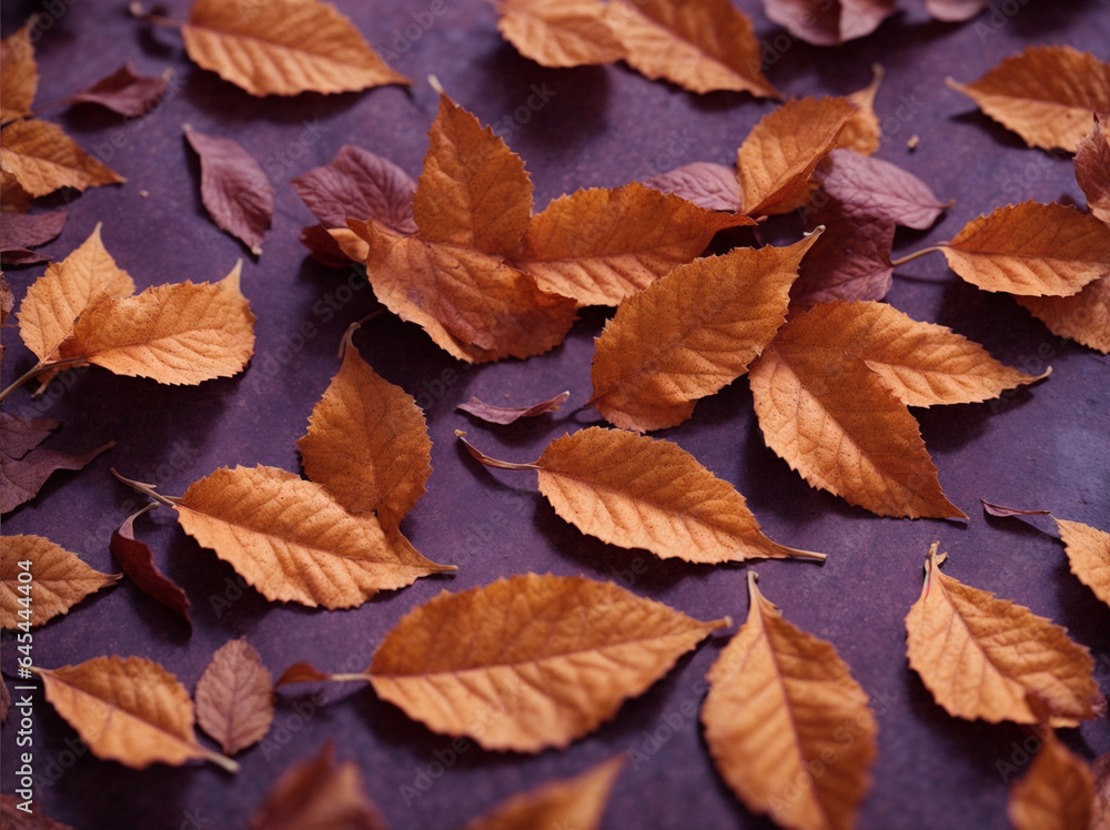 Pattern of dry orange metallic leaves on violet background Pattern of dry orange metallic leaves on violet background