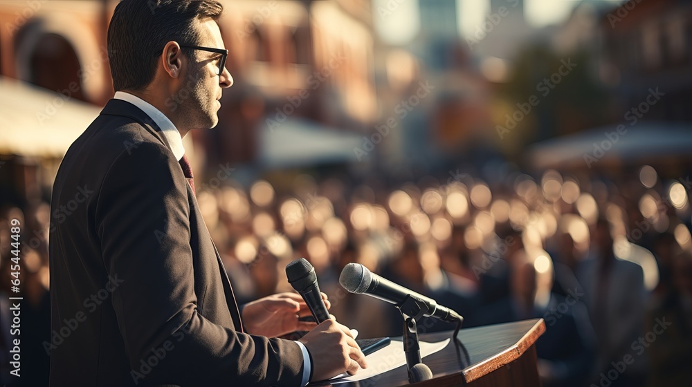 A politician speaks to an audience from the podium. Diplomatic speech, debate, demarche. Concept: Speechwriter, political activity and the will of voters. - obrazy, fototapety, plakaty 